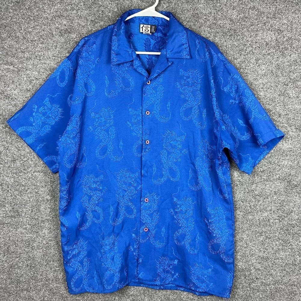 Vintage Trust Dragon Print Men's Button Down Shirt Short Sleeve‎ Sz Large Blue